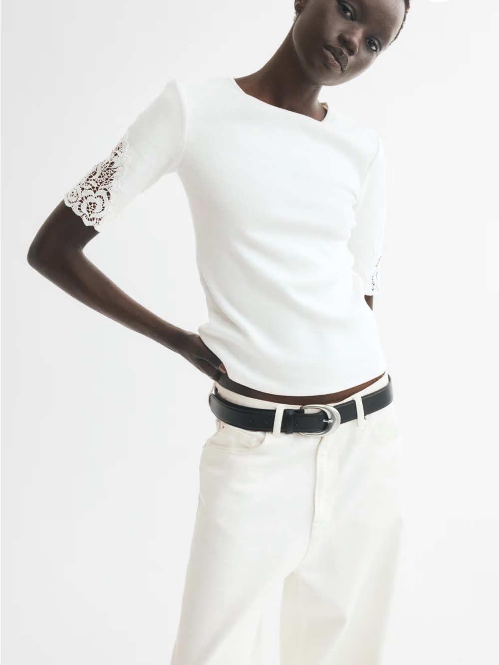 H&M White Lace-Inset Women's Top M